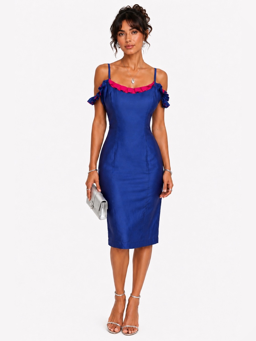VTG 90s Y2K Raw Silk Blue Fuchsia Ruffle Wiggle‎ Midi Dress 8 M